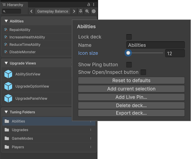 Deck settings for icon size, buttons, and lock